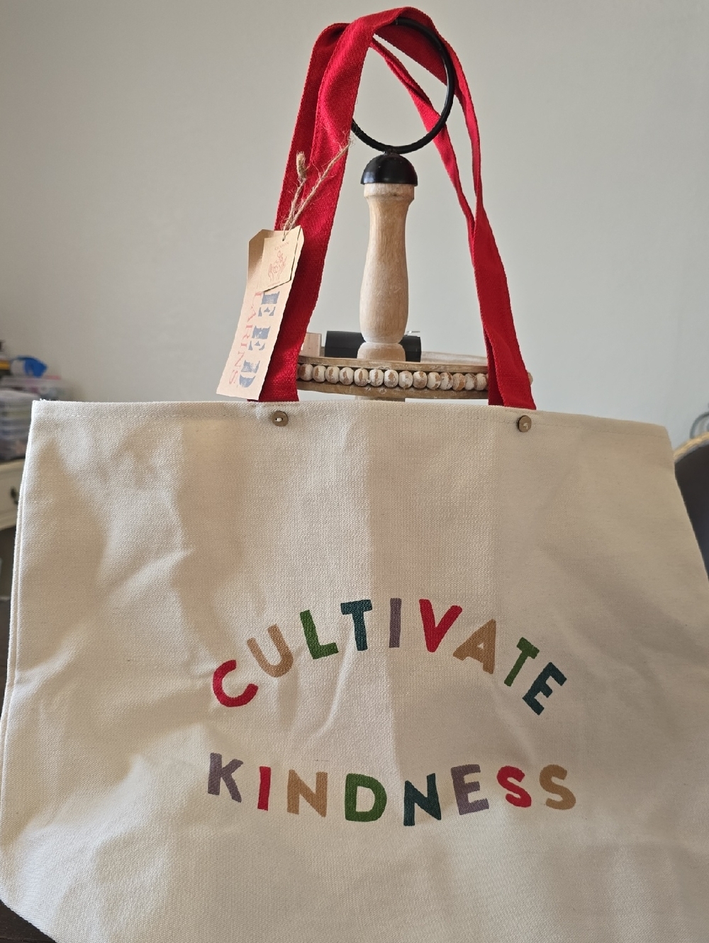 Clarins Canvas Tote with Red Handles and Black Logo